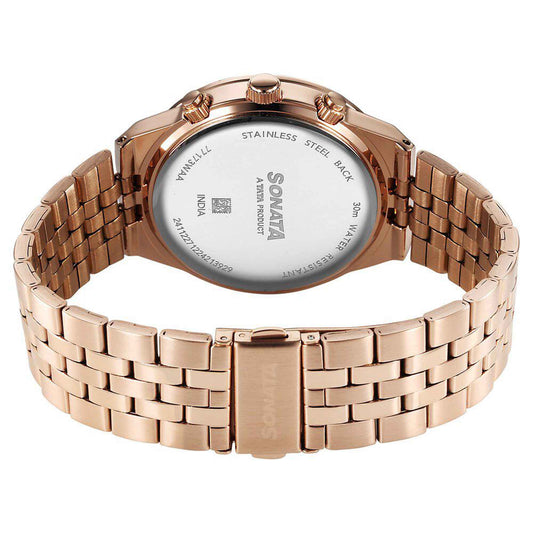 Sonata Black Dial Rose Gold Metal Strap Multifunction Watch for Men