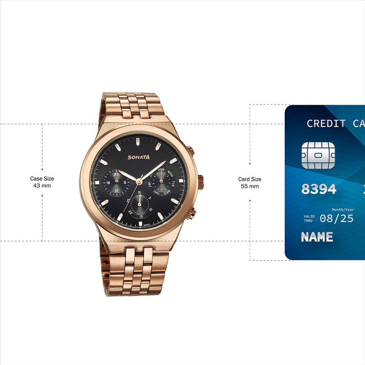 Sonata Black Dial Rose Gold Metal Strap Multifunction Watch for Men