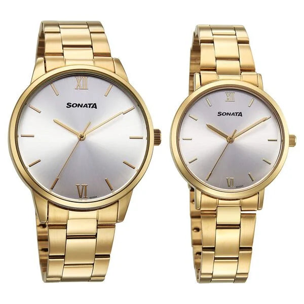 Sonata Silver Dial Golden Metal Strap Analog Watch For Couple