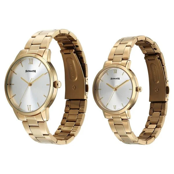 Sonata Silver Dial Golden Metal Strap Analog Watch For Couple