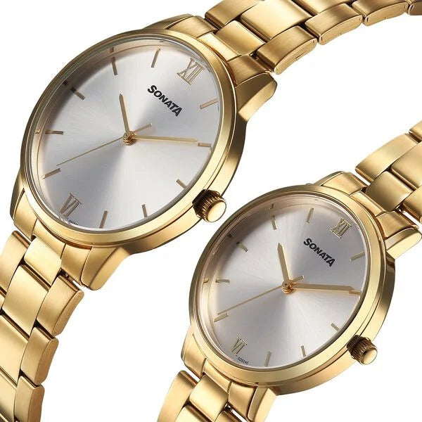 Sonata Silver Dial Golden Metal Strap Analog Watch For Couple