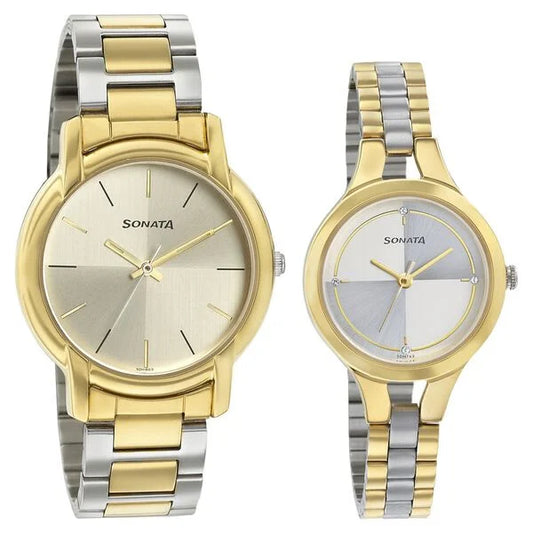 Sonata Silver Dial Two Toned Stainless Steel Strap Analog Watch for Couple