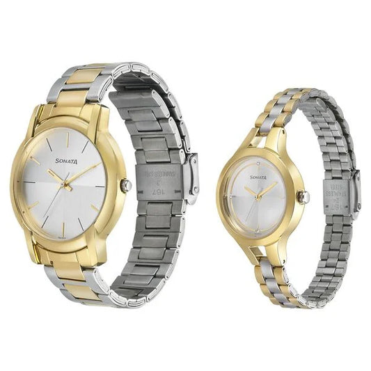Sonata Silver Dial Two Toned Stainless Steel Strap Analog Watch for Couple