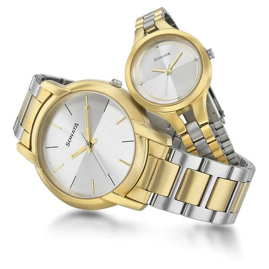 Sonata Silver Dial Two Toned Stainless Steel Strap Analog Watch for Couple