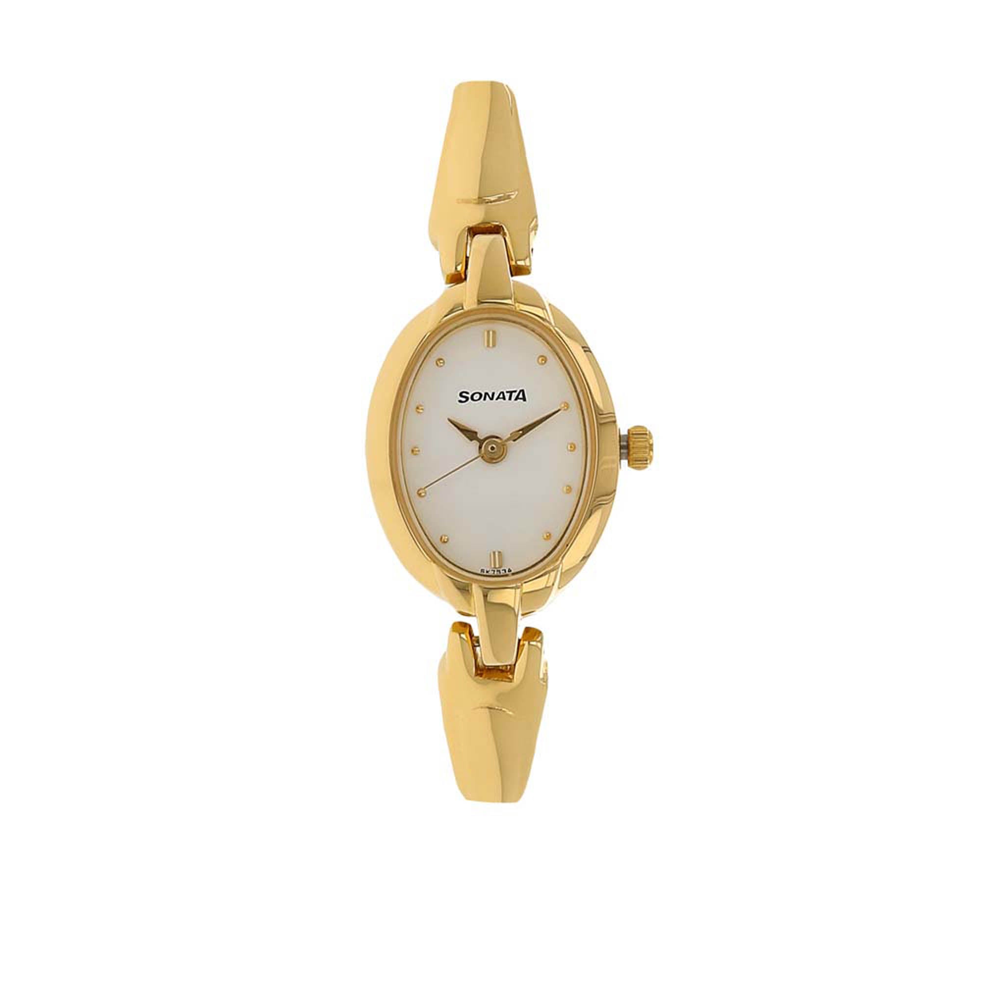Sonata White Oval Dial Gold Metal Strap Analog Watch for Women