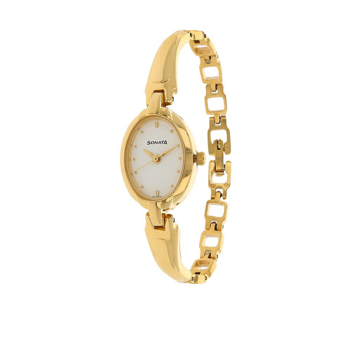 Sonata White Oval Dial Gold Metal Strap Analog Watch for Women