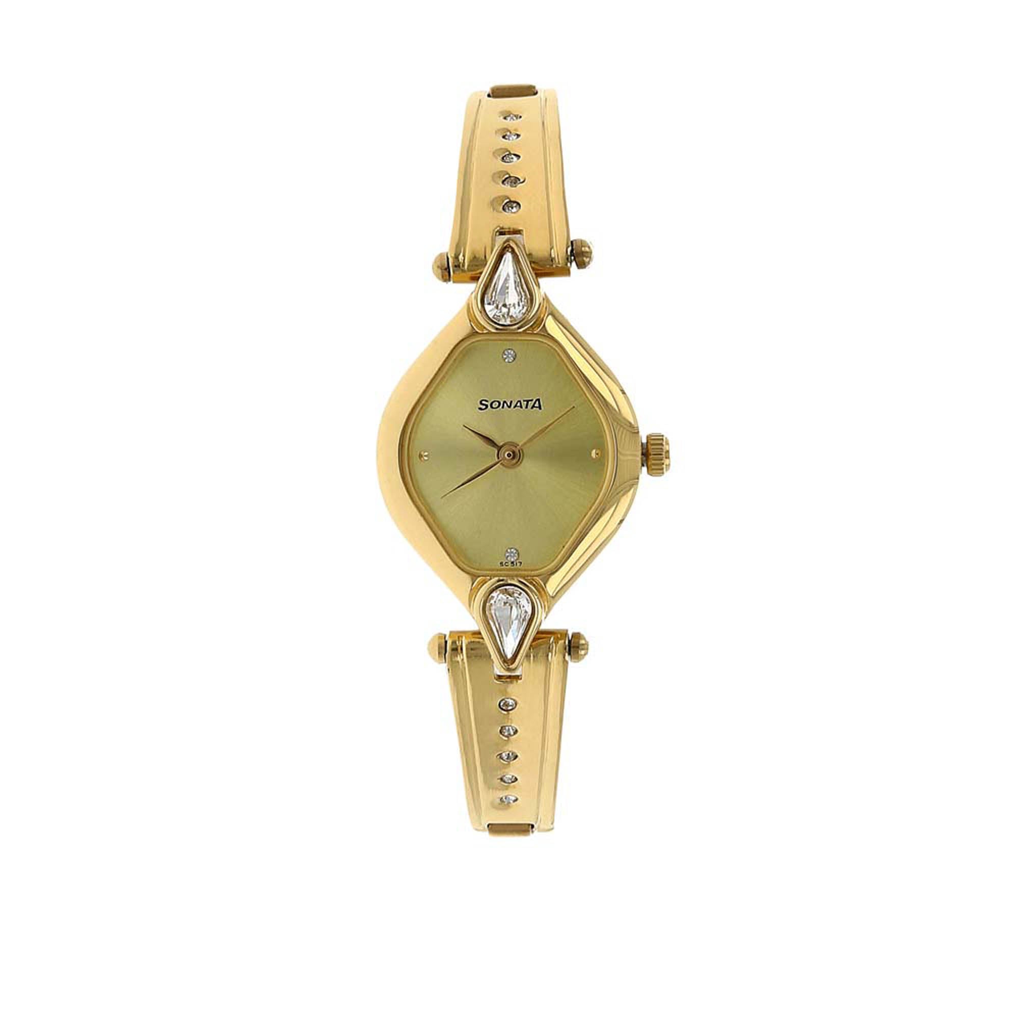 Sonata Champagne Oval Dial Gold Stainless Steel Strap Analog Watch for Women