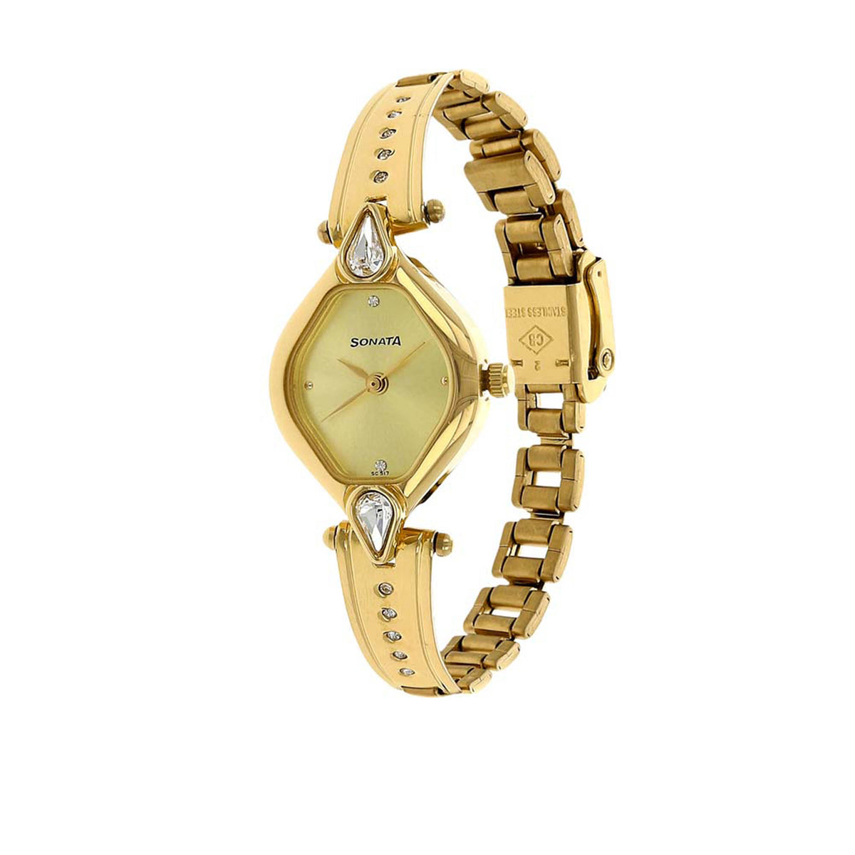 Sonata Champagne Oval Dial Gold Stainless Steel Strap Analog Watch for Women