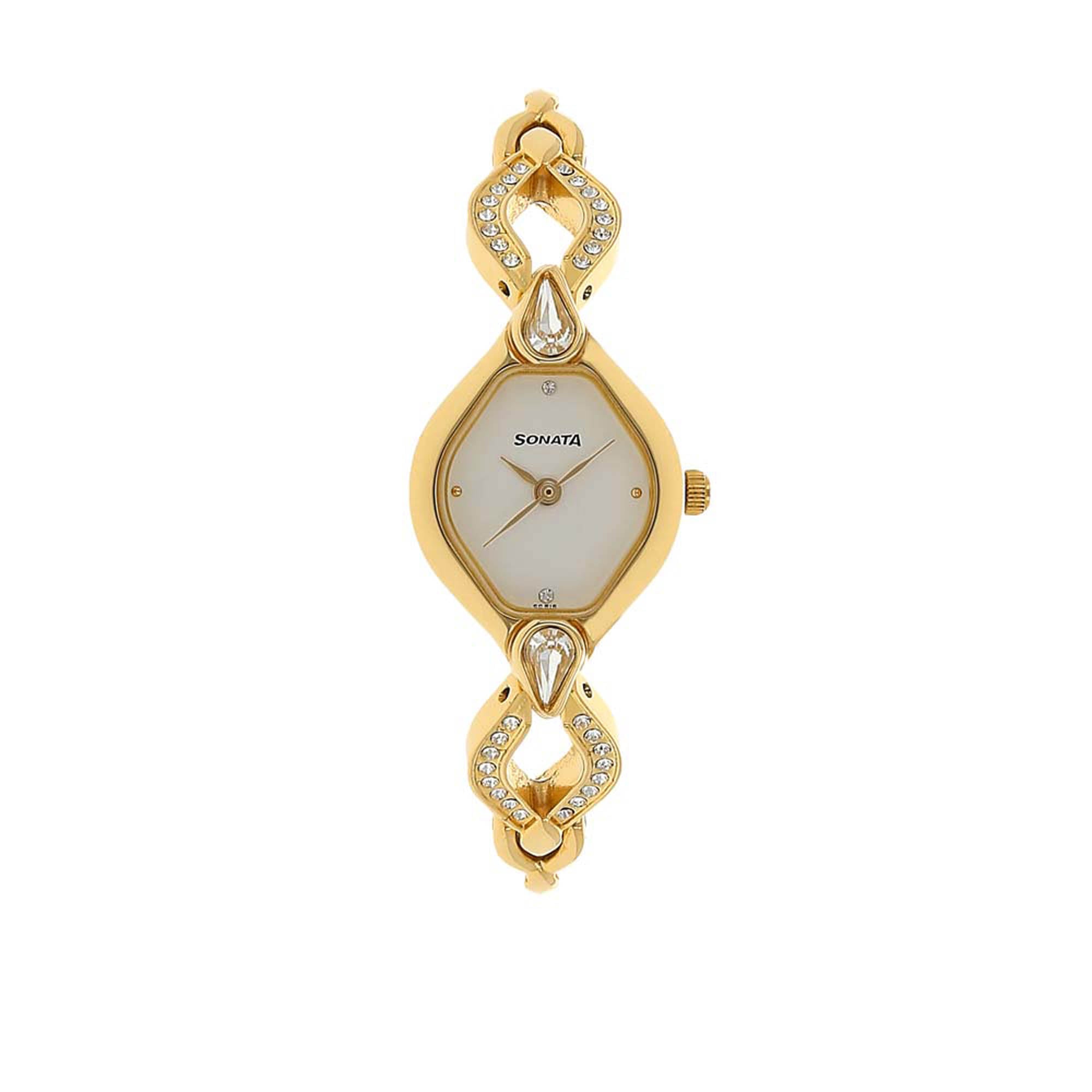 Sonata White Oval Dial Gold Metal Strap Analog Watch for Women