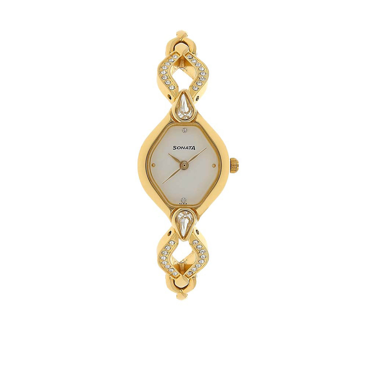 Sonata White Oval Dial Gold Metal Strap Analog Watch for Women