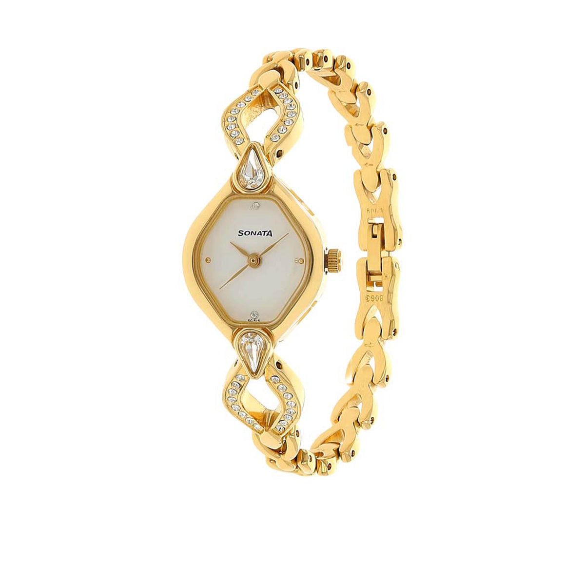 Sonata White Oval Dial Gold Metal Strap Analog Watch for Women