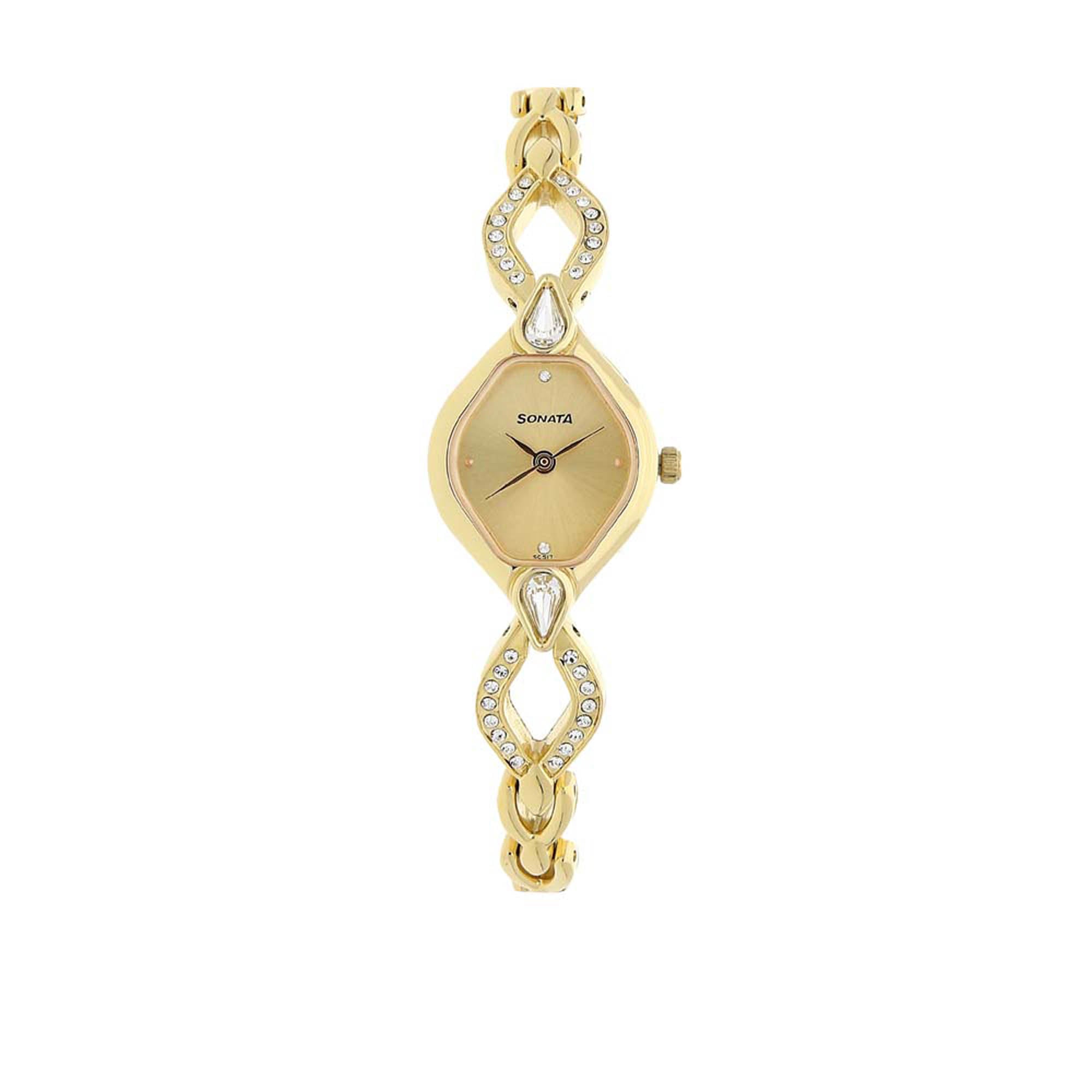 Sonata Champagne Oval Dial Gold Metal Strap Analog Watch for Women