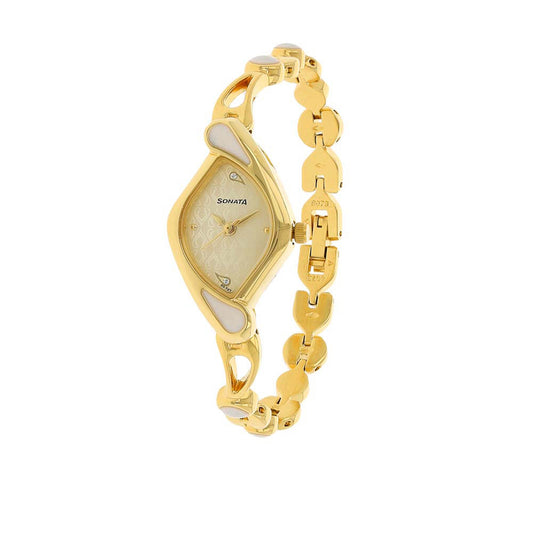 Sonata Champagne Oval Dial Gold Metal Strap Analog Watch for Women