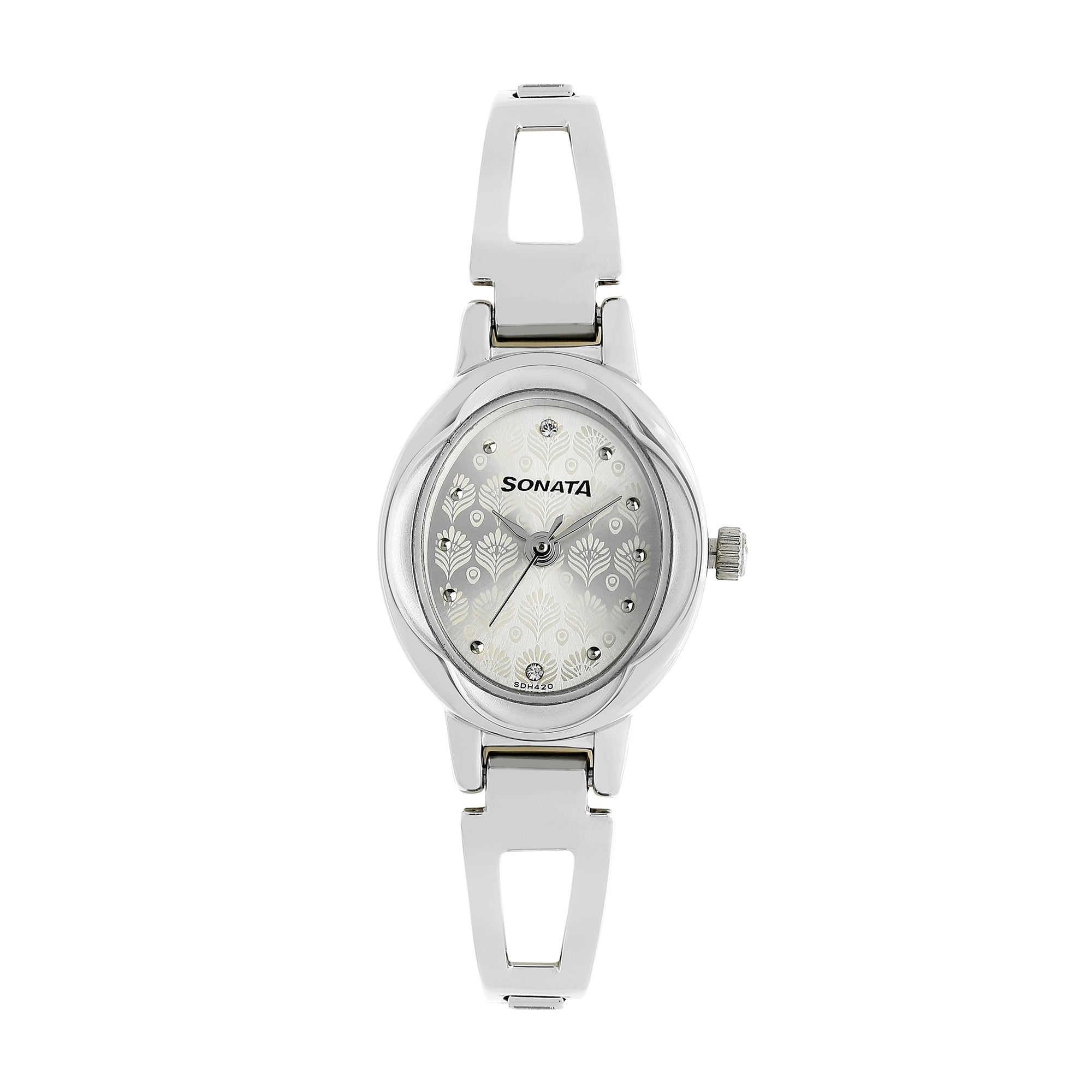 Sonata Silver Oval Dial Stainless Steel Strap Analog Watch for Women