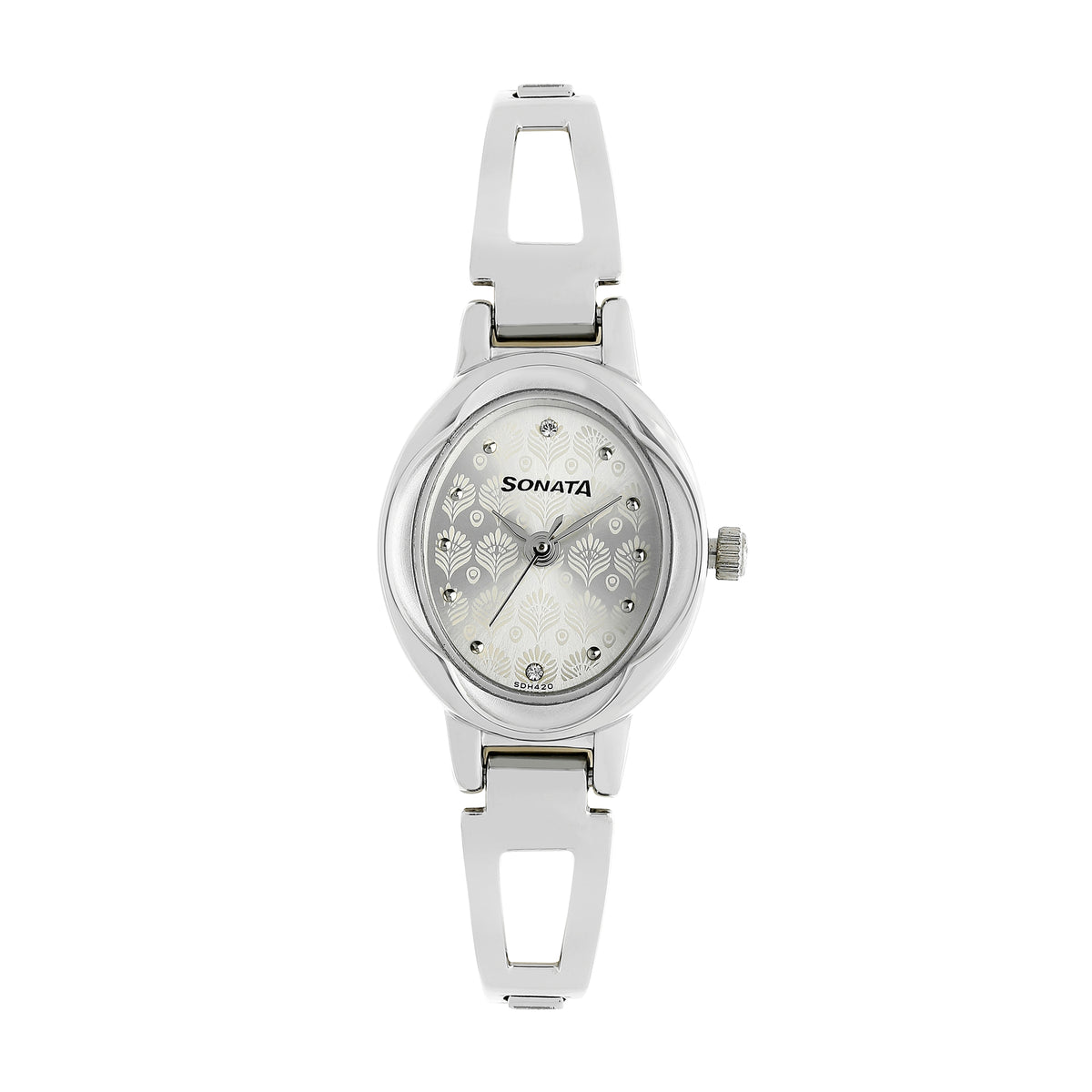 Sonata Silver Oval Dial Stainless Steel Strap Analog Watch for Women