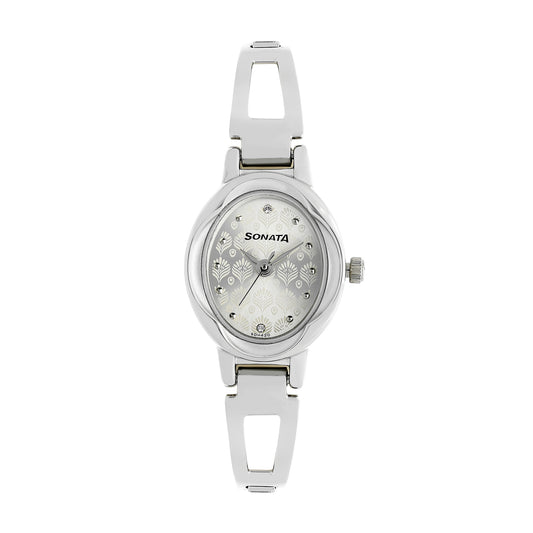 Sonata Silver Oval Dial Stainless Steel Strap Analog Watch for Women