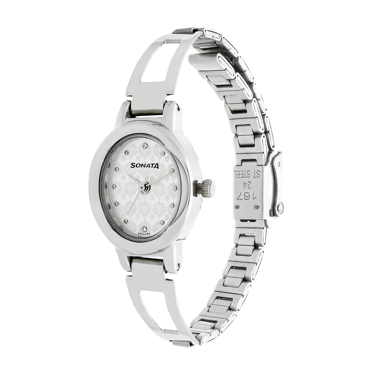 Sonata Silver Oval Dial Stainless Steel Strap Analog Watch for Women