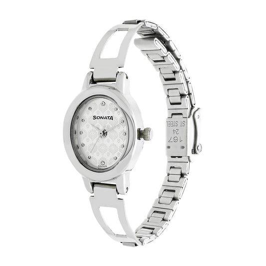 Sonata Silver Oval Dial Stainless Steel Strap Analog Watch for Women