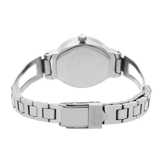 Sonata Silver Oval Dial Stainless Steel Strap Analog Watch for Women
