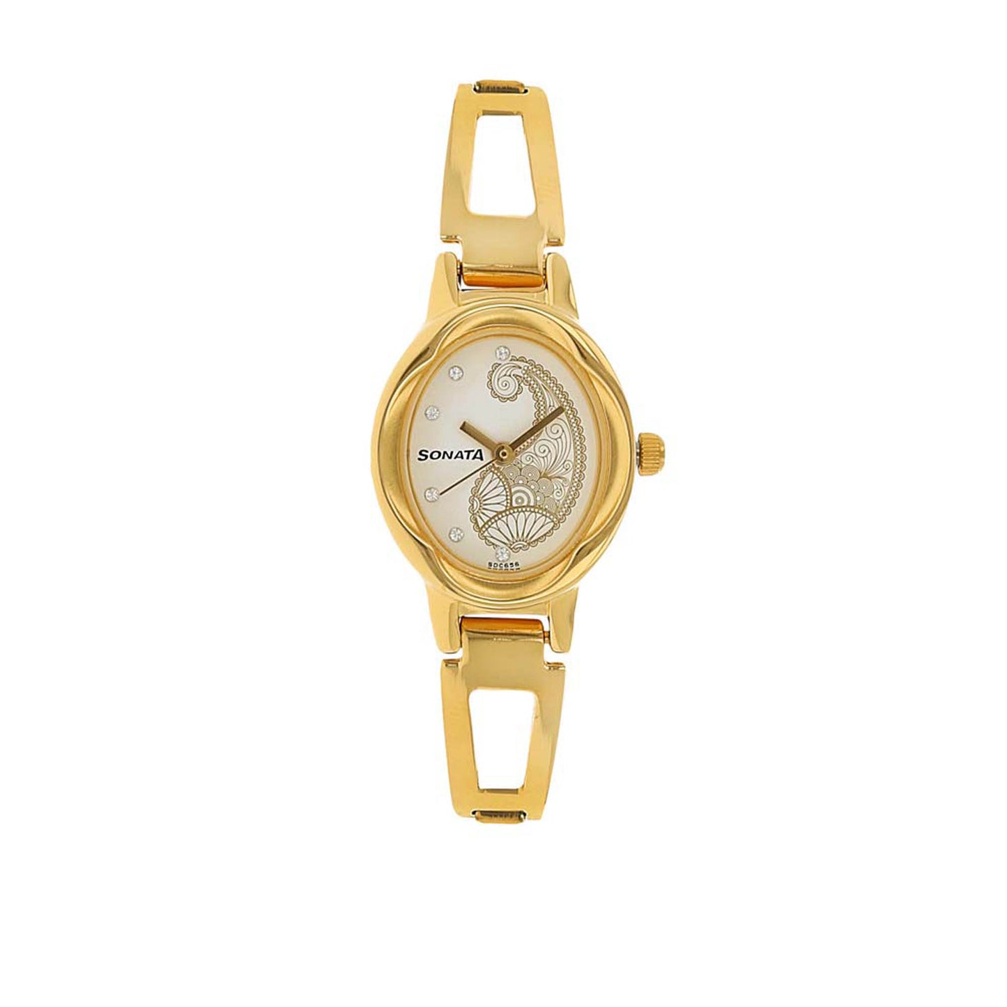 Sonata White Oval Dial Gold Metal Strap Analog Watch for Women