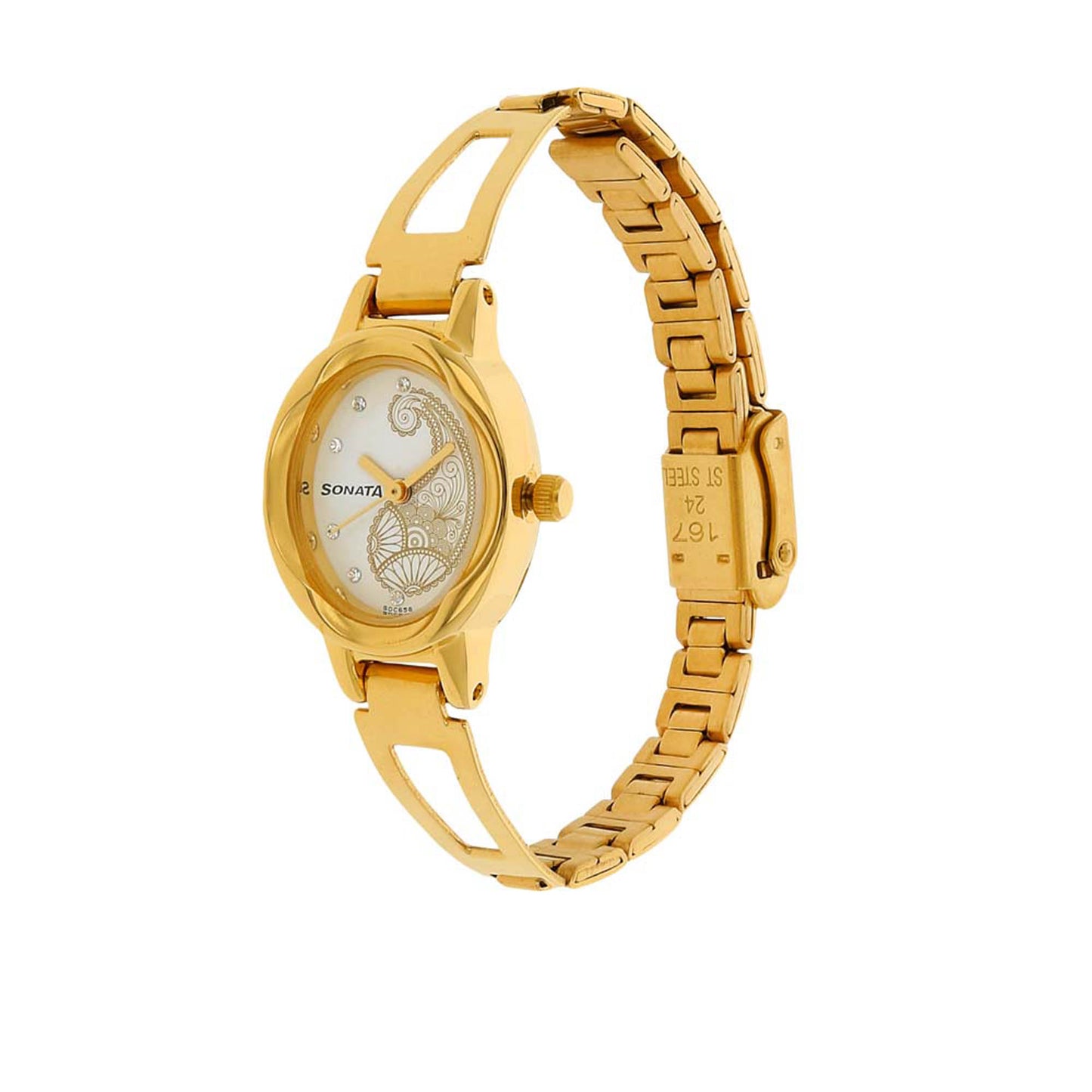 Sonata White Oval Dial Gold Metal Strap Analog Watch for Women