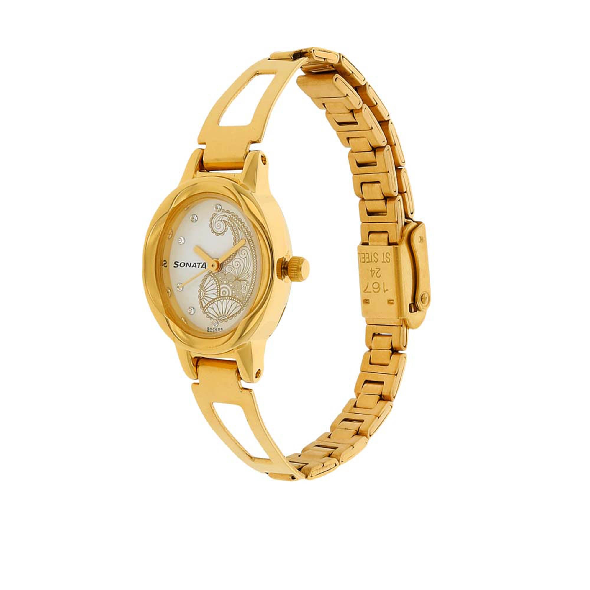 Sonata White Oval Dial Gold Metal Strap Analog Watch for Women