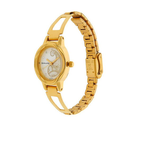 Sonata White Oval Dial Gold Metal Strap Analog Watch for Women