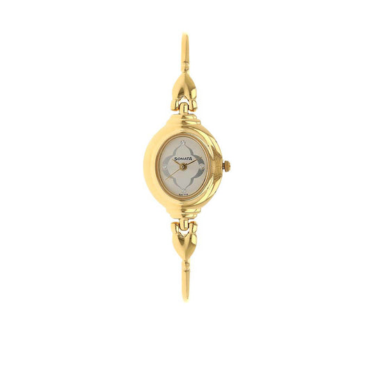 Sonata Silver Oval Dial Gold Metal Strap Analog Watch for Women