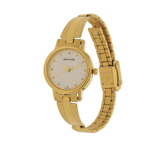 Sonata White Dial Gold Stainless Steel Strap Analog Watch for Women
