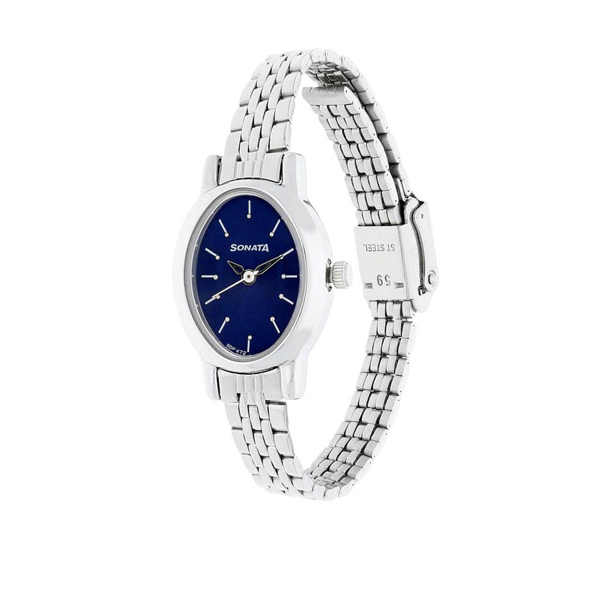 Sonata Blue Oval Dial Silver Stainless Steel Strap Analog Watch for Women