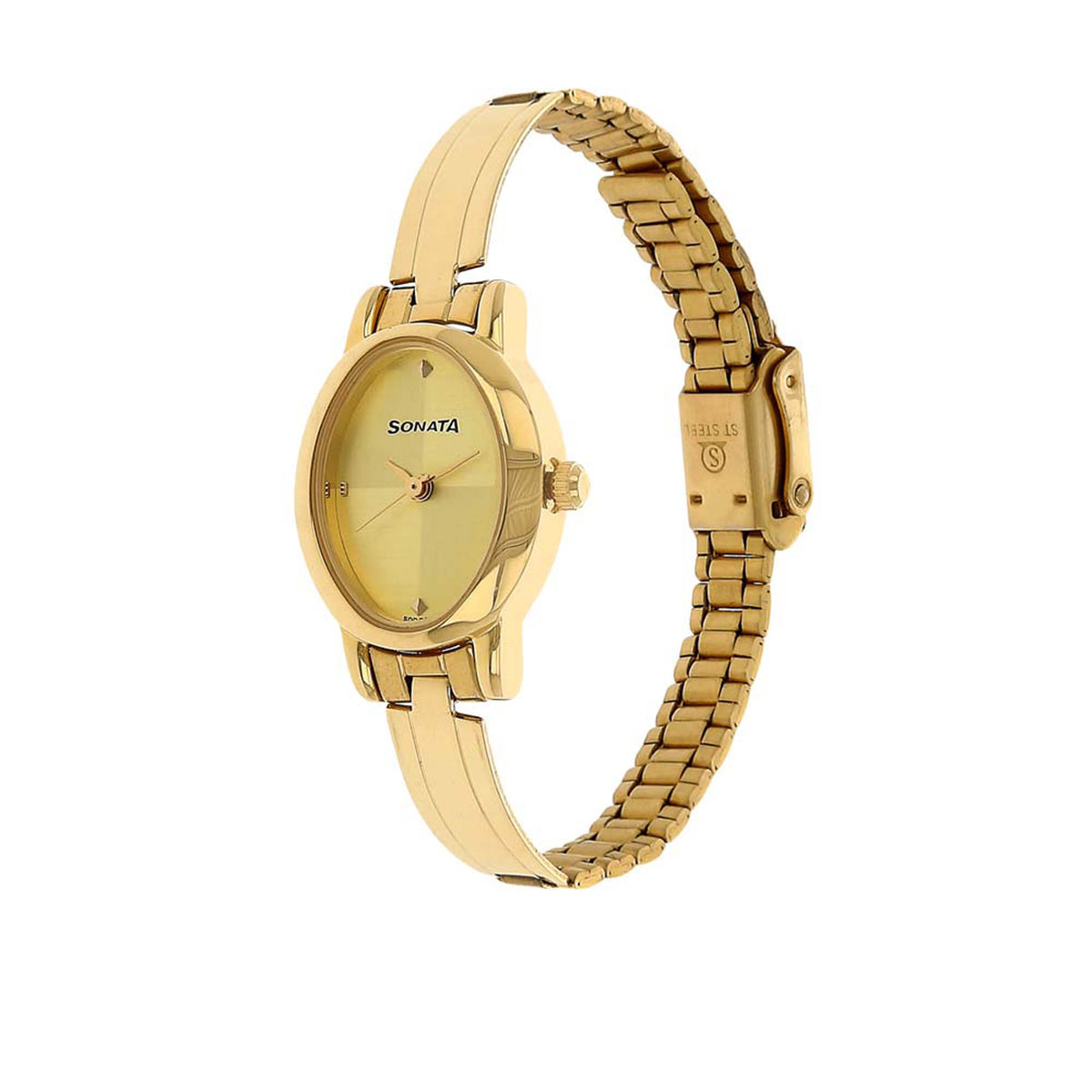 Sonata Champagne Oval Dial Gold Stainless Steel Strap Analog Watch for Women
