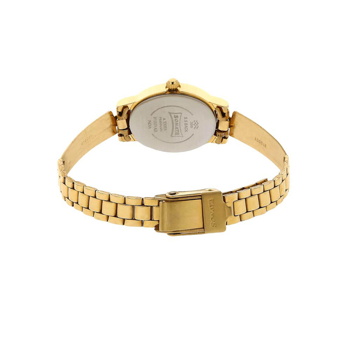 Sonata Champagne Oval Dial Gold Stainless Steel Strap Analog Watch for Women