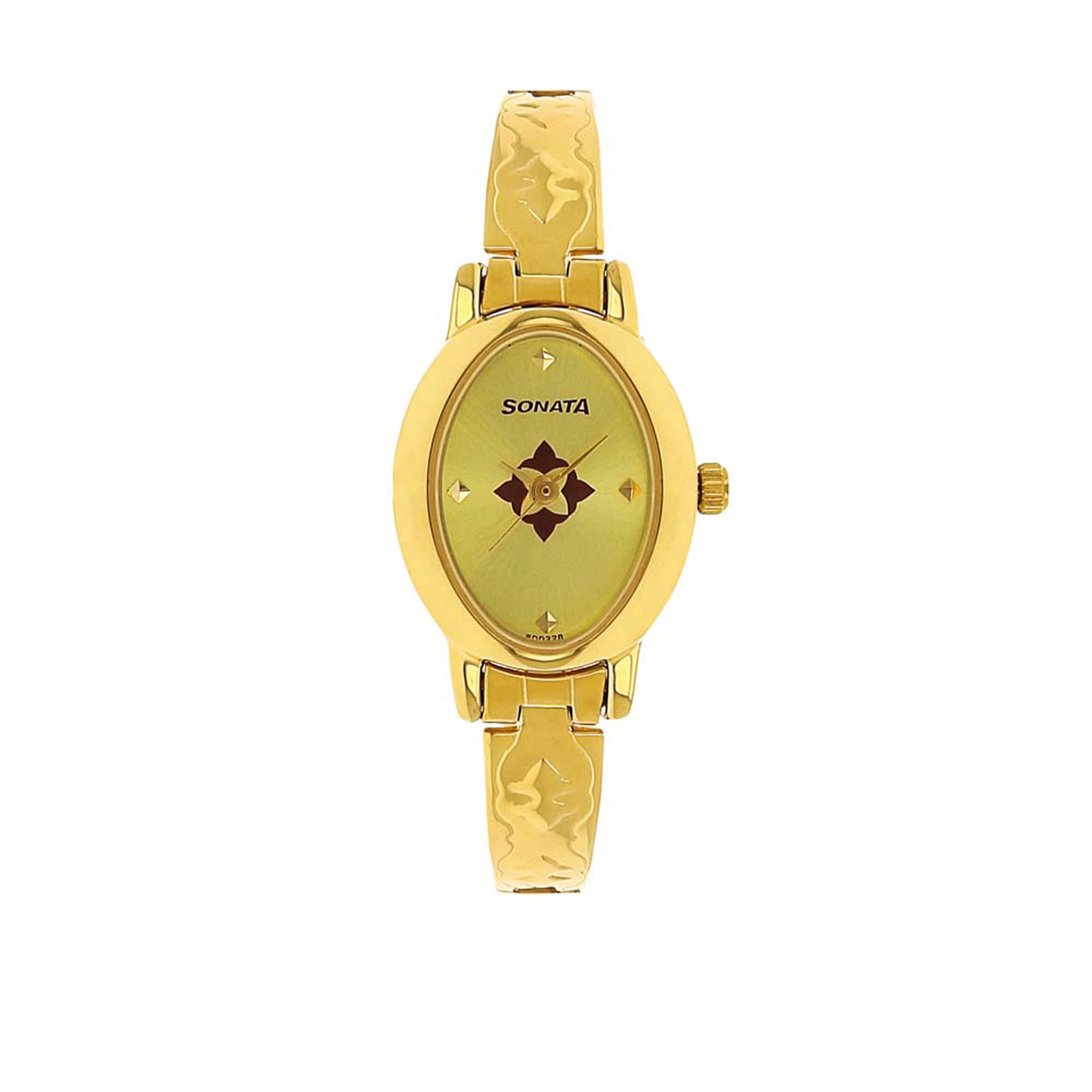 Sonata Champagne Oval Dial Gold Stainless Steel Strap Analog Watch for Women