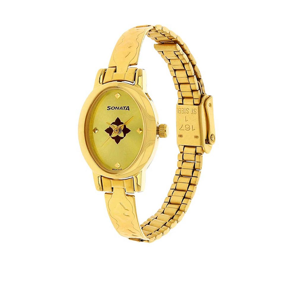 Sonata Champagne Oval Dial Gold Stainless Steel Strap Analog Watch for Women