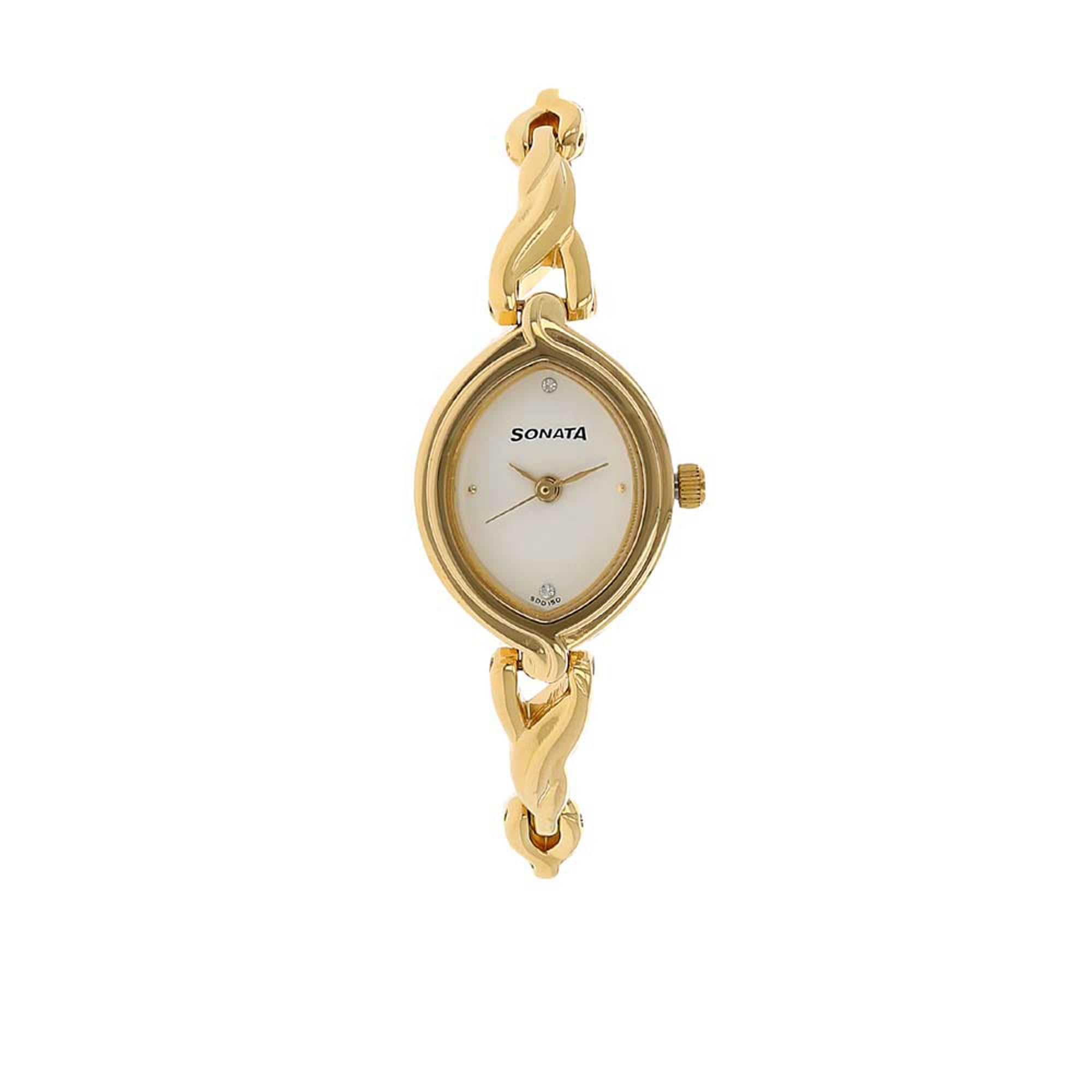 Sonata White Oval Dial Gold Metal Strap Analog Watch for Women