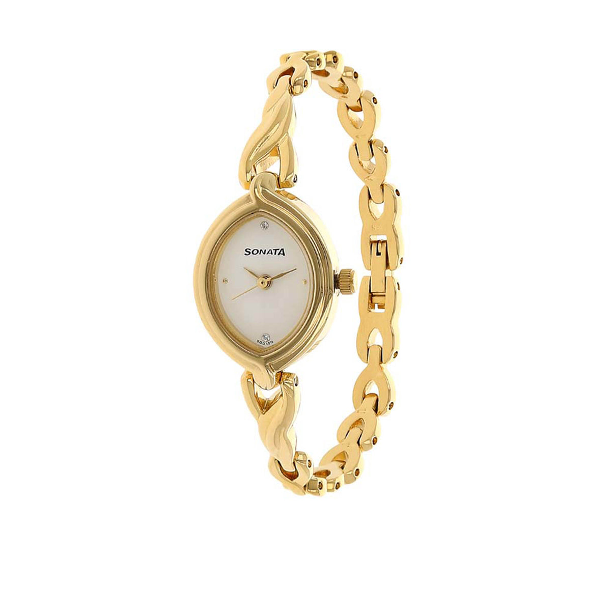 Sonata White Oval Dial Gold Metal Strap Analog Watch for Women