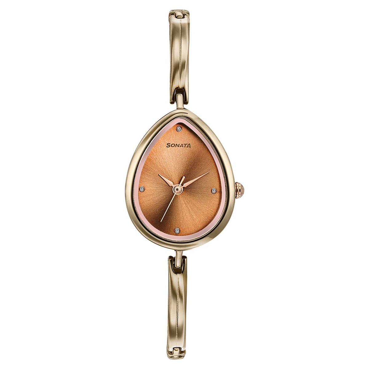 Sonata Brown Shaped Dial Rose Gold Metal Strap Analog Watch for Women