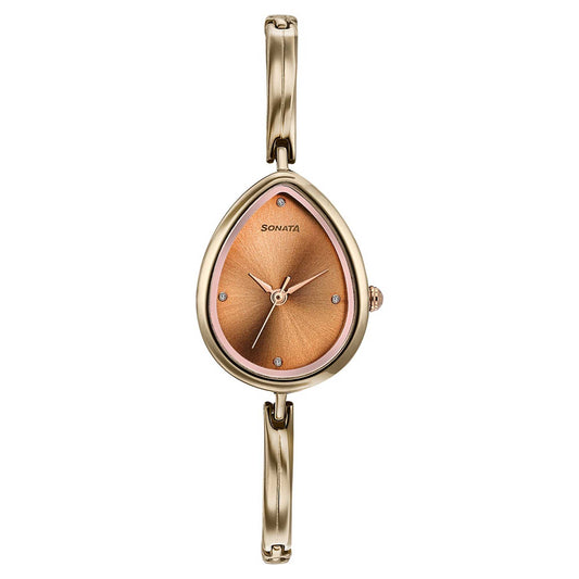 Sonata Brown Shaped Dial Rose Gold Metal Strap Analog Watch for Women