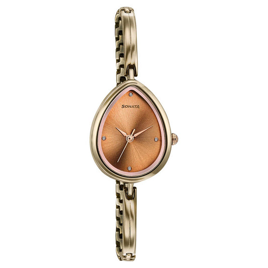 Sonata Brown Shaped Dial Rose Gold Metal Strap Analog Watch for Women