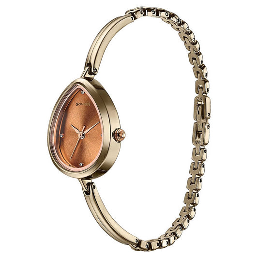 Sonata Brown Shaped Dial Rose Gold Metal Strap Analog Watch for Women