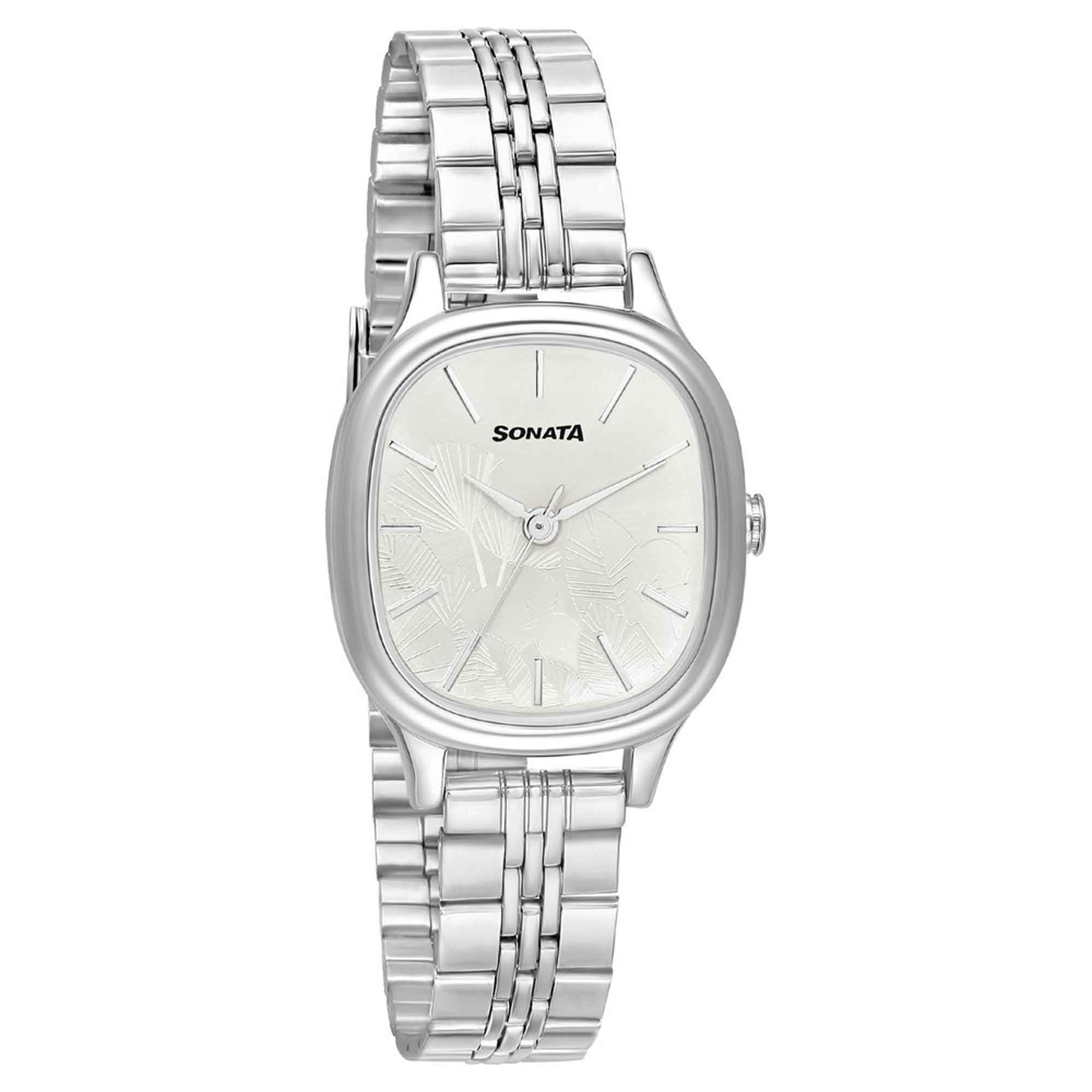 Sonata Silver Rectangular Dial Stainless Steel Strap Analog Watch for Women