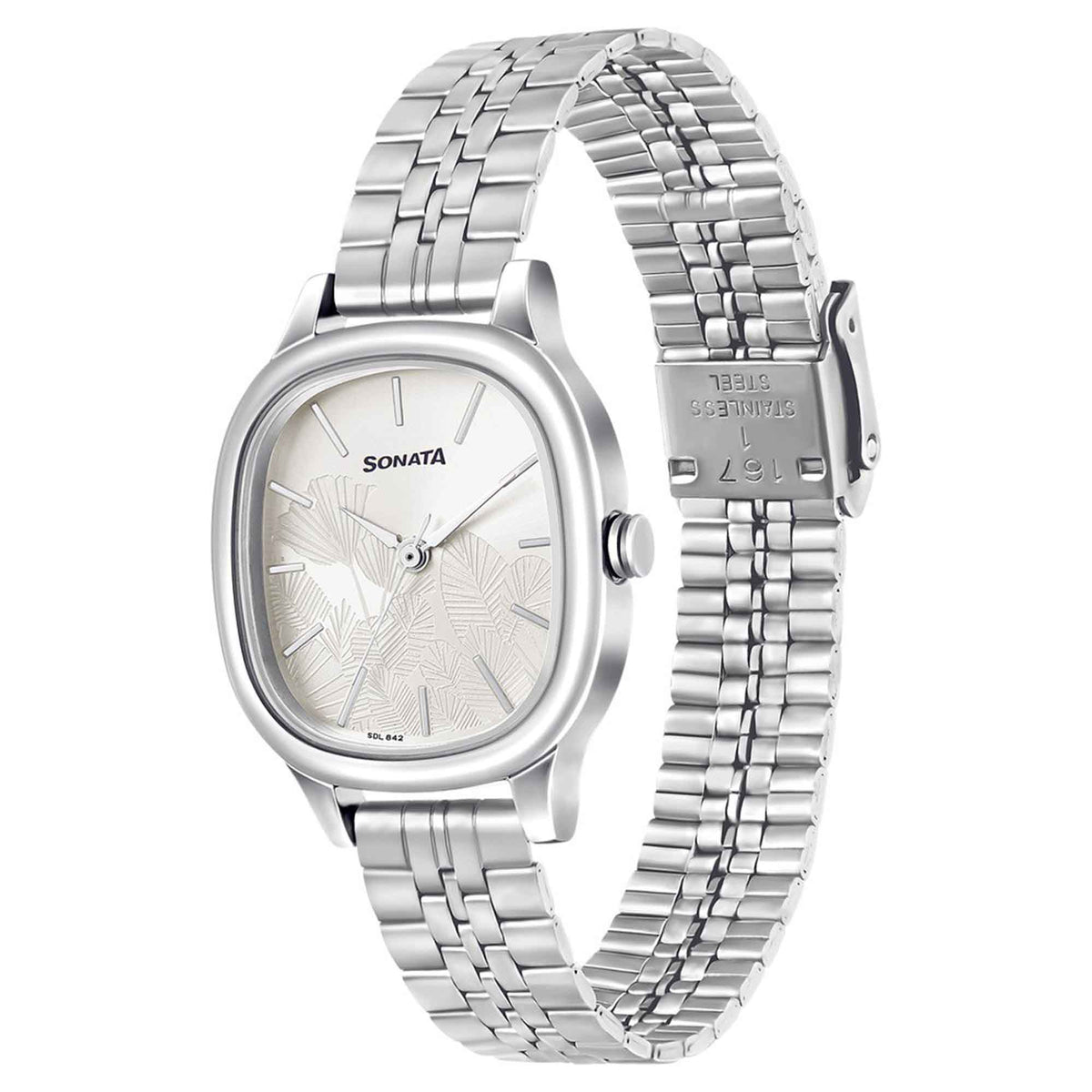 Sonata Silver Rectangular Dial Stainless Steel Strap Analog Watch for Women