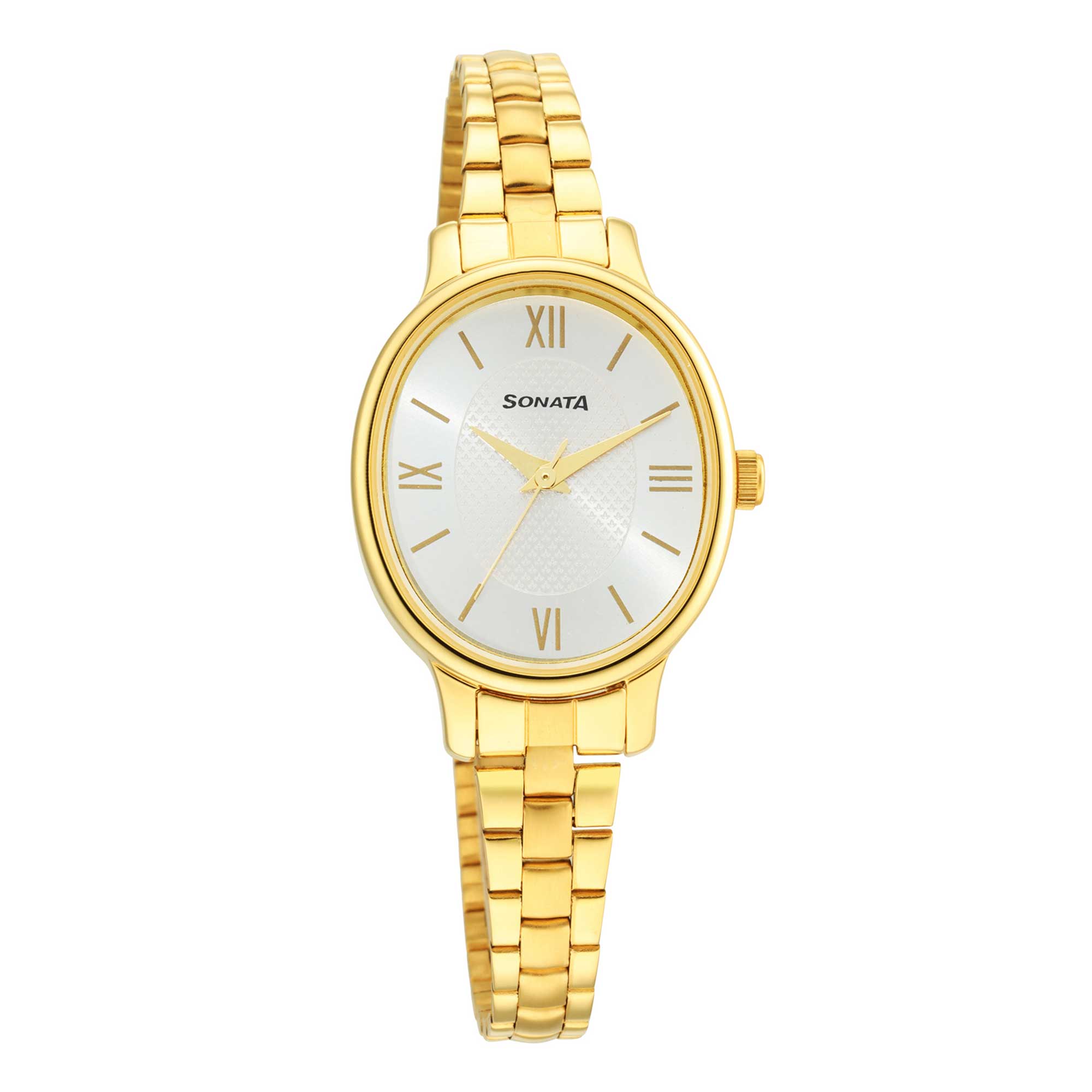 Sonata Classic Gold Silver Dial Metal Strap Watch for Women