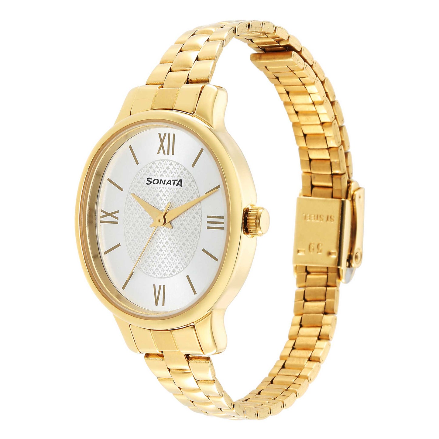 Sonata Classic Gold Silver Dial Metal Strap Watch for Women
