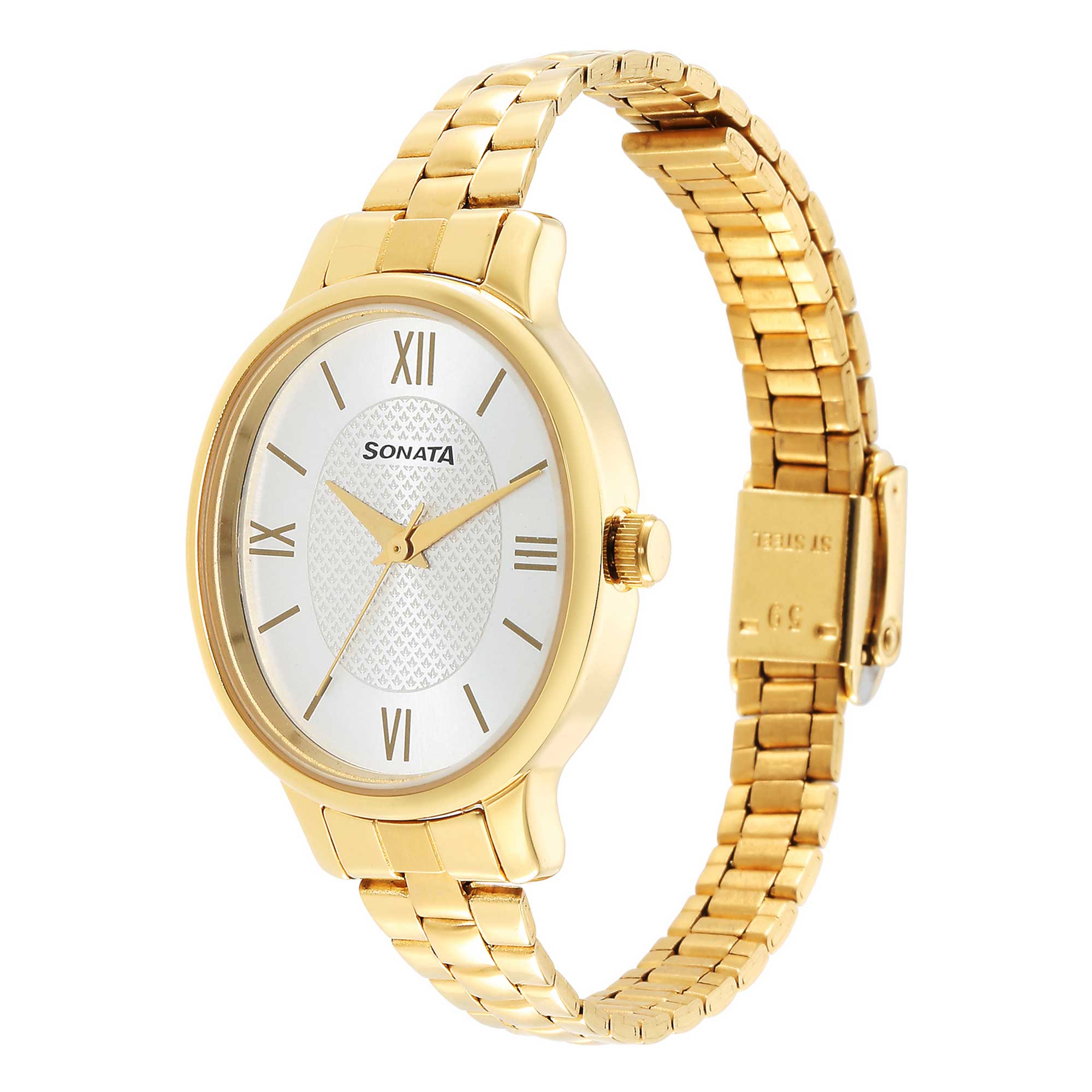 Sonata Classic Gold Silver Dial Metal Strap Watch for Women