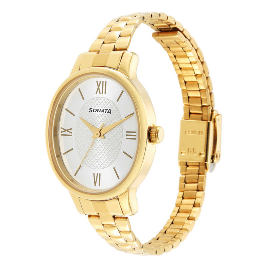 Sonata Classic Gold Silver Dial Metal Strap Watch for Women