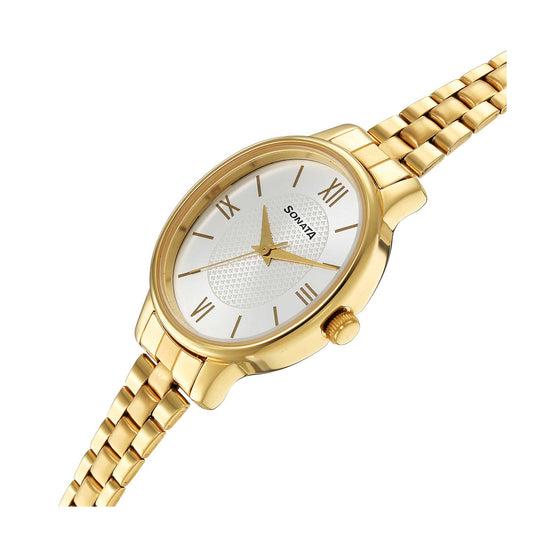 Sonata Classic Gold Silver Dial Metal Strap Watch for Women