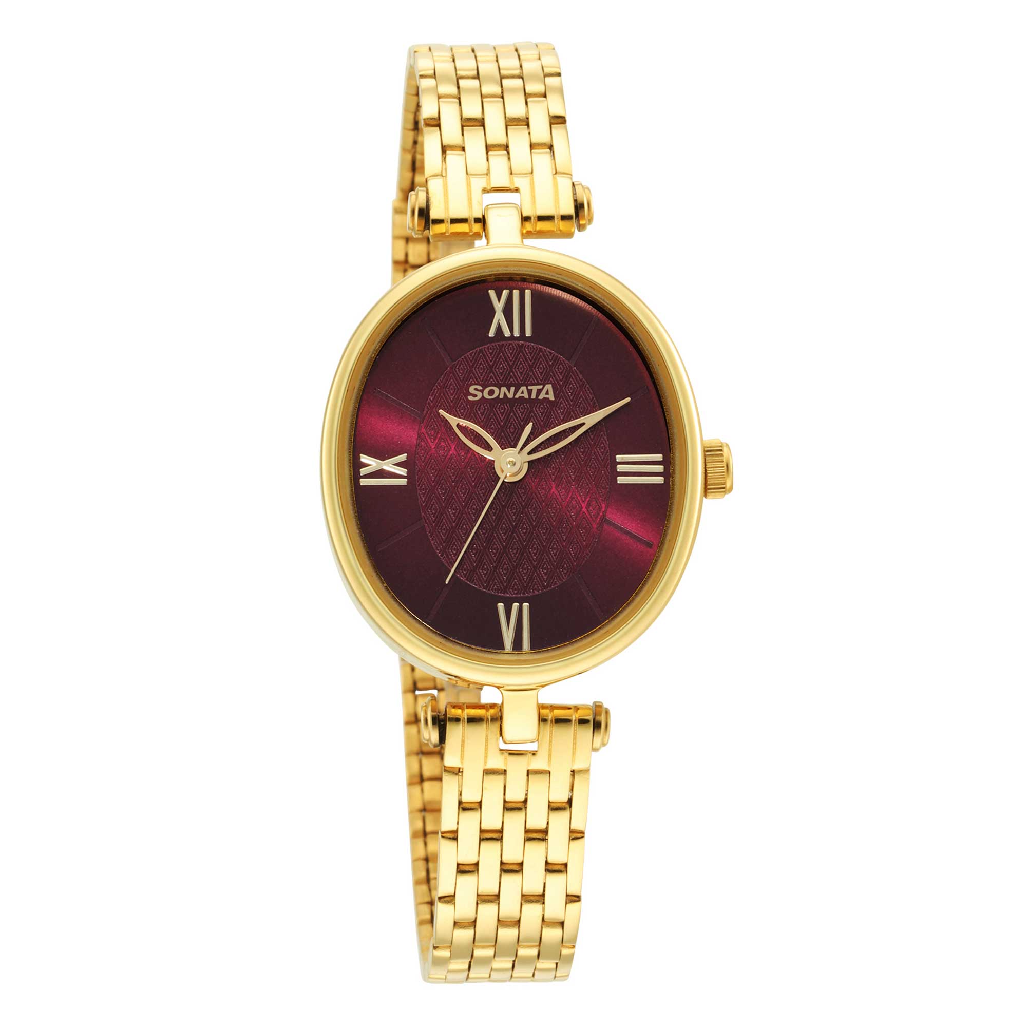 Sonata Classic Gold Maroon Dial Metal Strap Watch for Women