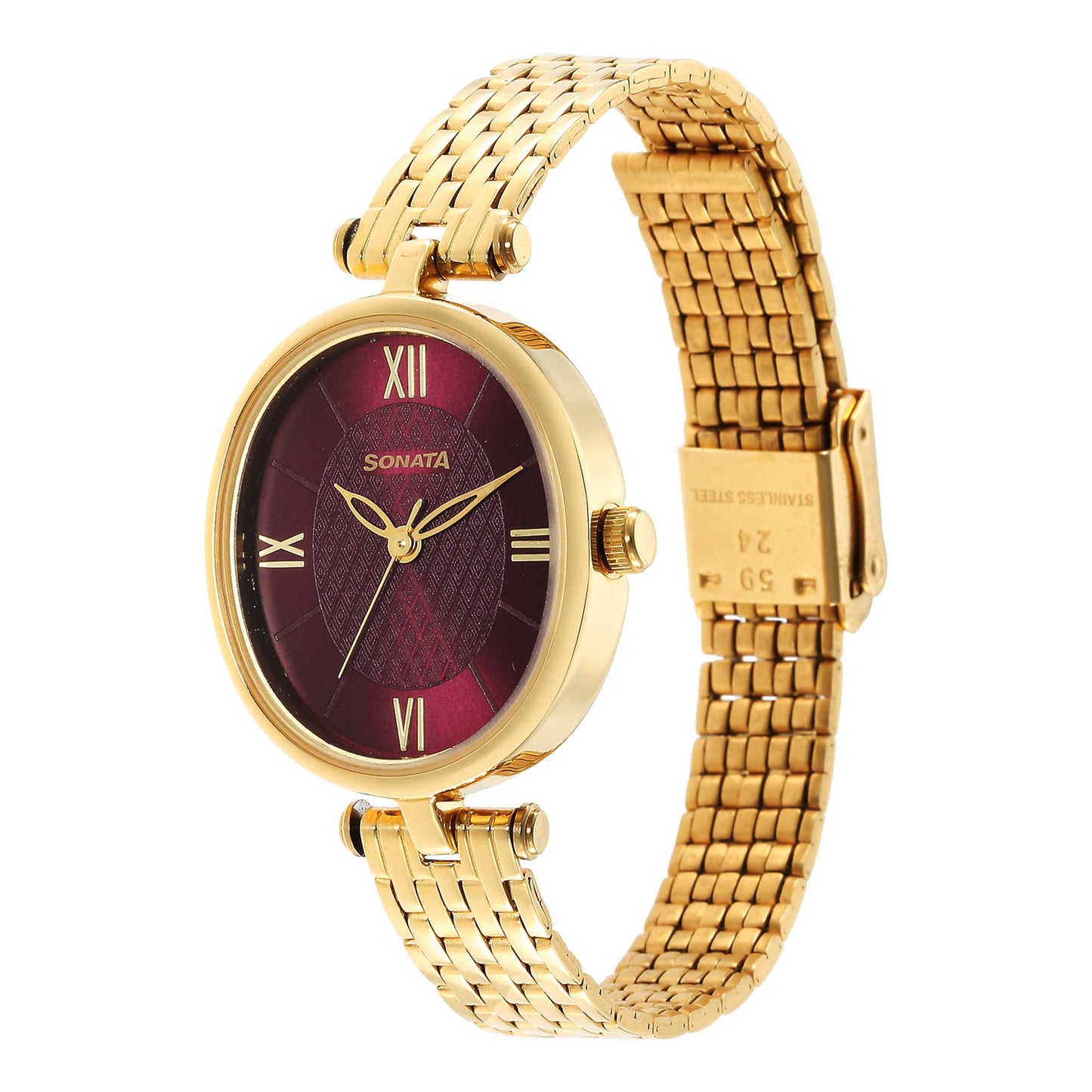 Sonata Classic Gold Maroon Dial Metal Strap Watch for Women