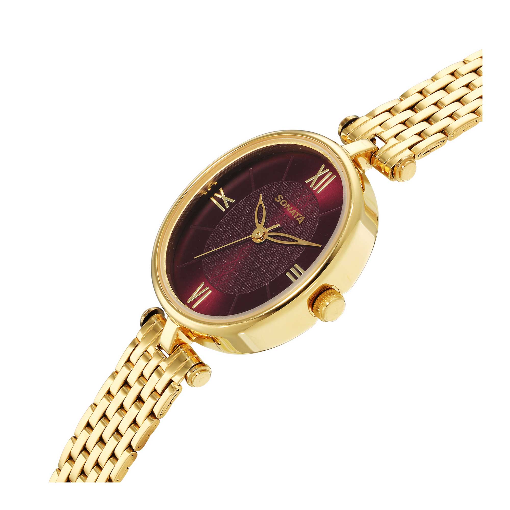 Sonata Classic Gold Maroon Dial Metal Strap Watch for Women
